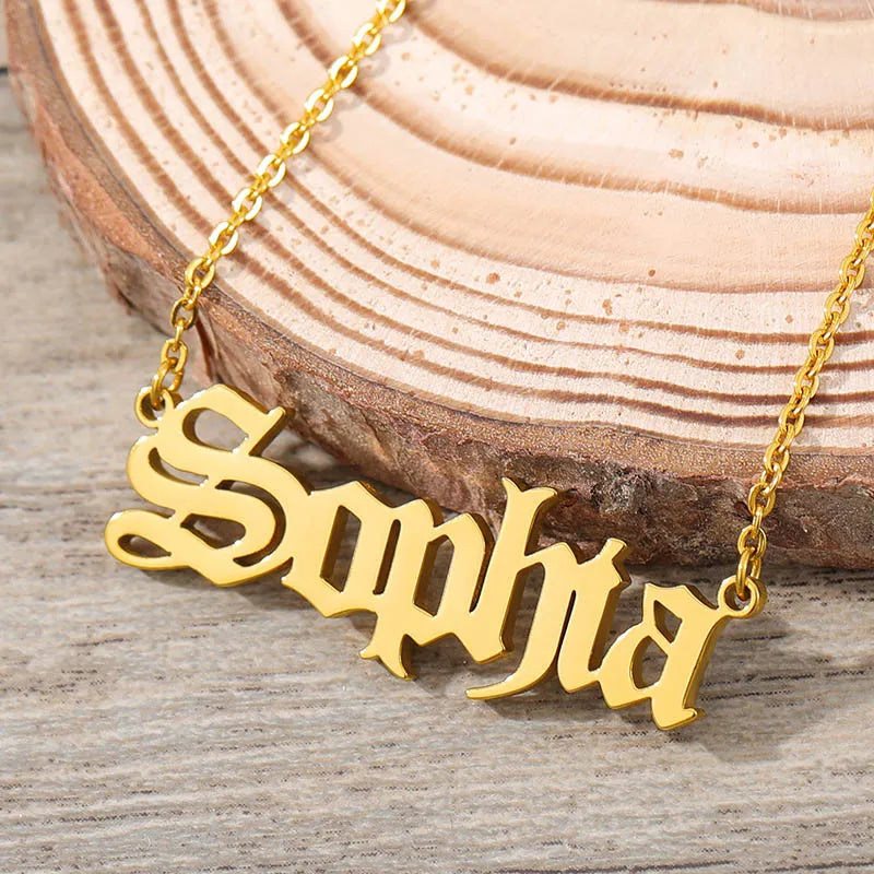 Custom Name Necklace For Women Personalized Old English Style Nameplate Pendant Stainless Steel Chain Choker Boho Jewelry bijoux