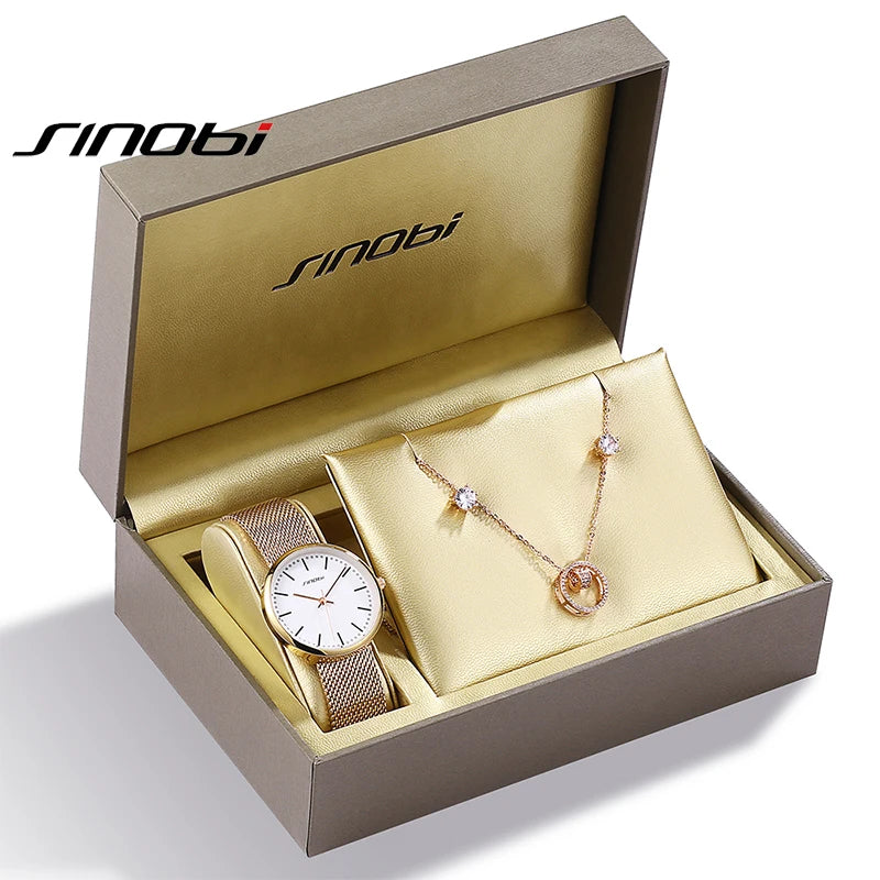 SINOBI Fashion Women Set Watch Fashion Earring Necklace Watch Jewelry 3-piece Ladies Watch