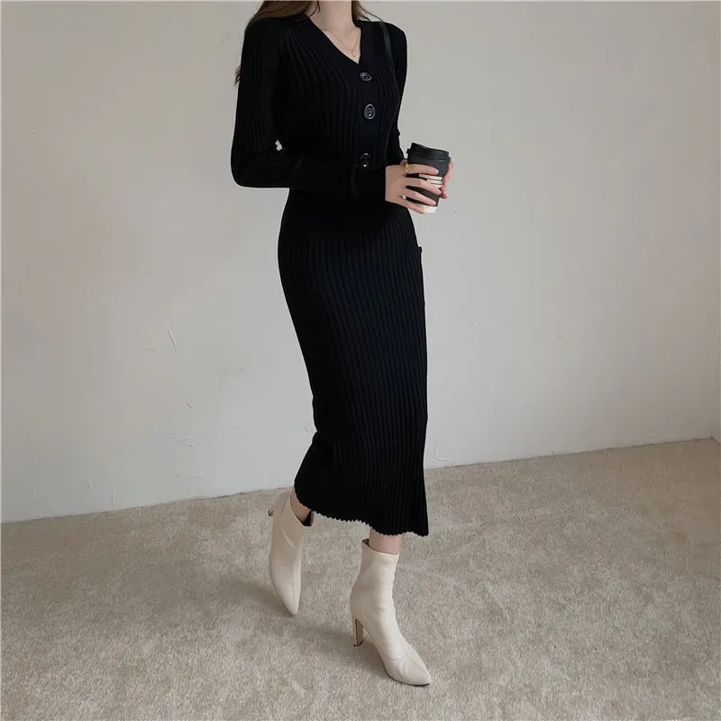 Knitted Long Sleeve Dress Women 2021 Slim Bodycon Autumn Korean Elegant Fall Winter Button V Neck Sweater Midi Ribbed Dress C216
