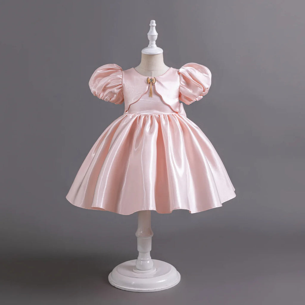 Baby Kids Girls Birthday Wedding Dress Princess Bubble Sleeve Pearl Satin Dress Pageant Baptism Cake Smash Photoshoot Gown