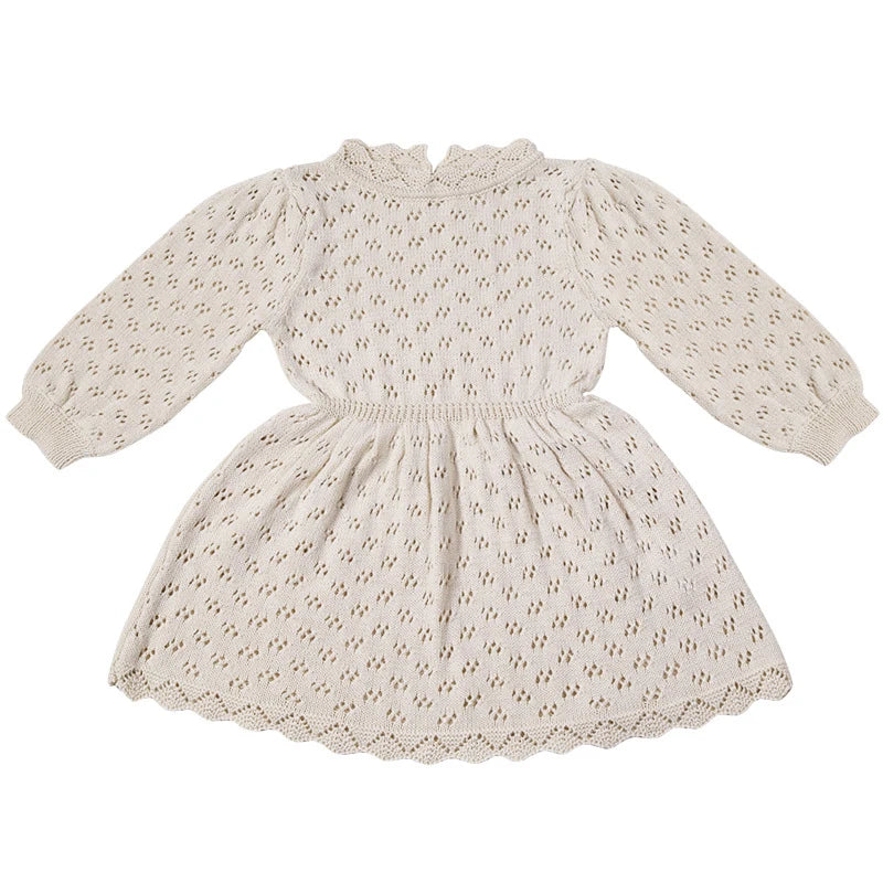 Autumn Winter Baby Girls Lovely Princess Dress Children's Hollow-out Long-Sleeved Dress Knitted Woolen Dress