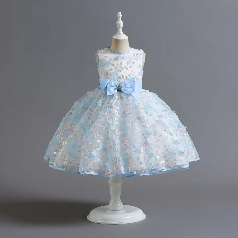 New Cute Butterfly Flower Girls Birthday Wedding Dress Baby Kids Beauty Dress With Bow