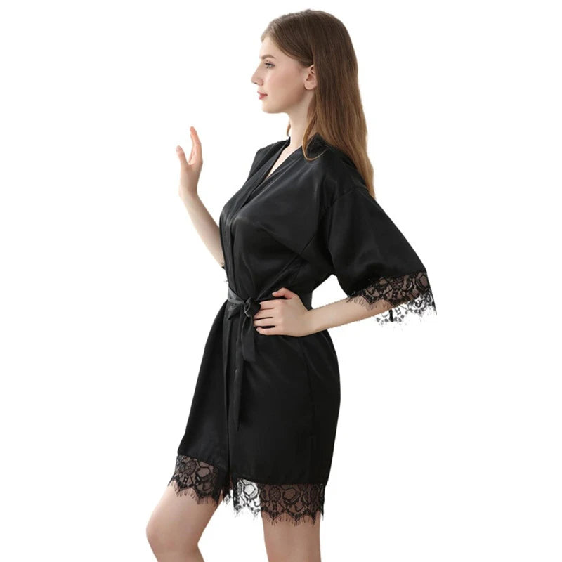 Retail Bridesmaid Gold Glitter Lace Women Satin Kimono Robes Lace Wedding Party Bathrobes Dressing Gown T98