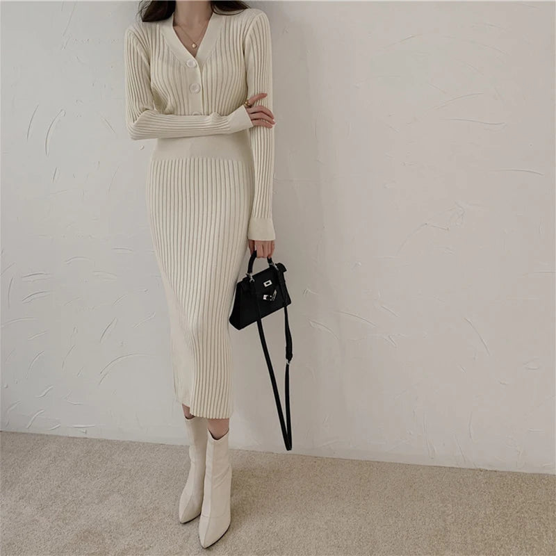 Knitted Long Sleeve Dress Women 2021 Slim Bodycon Autumn Korean Elegant Fall Winter Button V Neck Sweater Midi Ribbed Dress C216