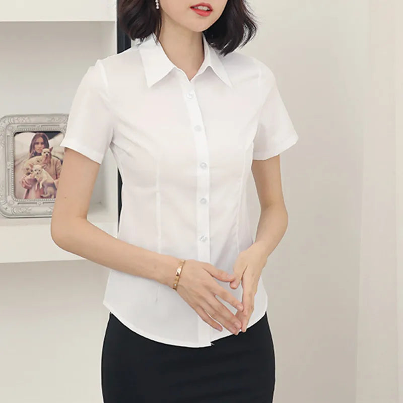 Fashion Woman Blouses 2023 V-neck Short Sleeve Solid Work Shirts Tops Pretty and Cheap Women's Blouse OL White Female clothing