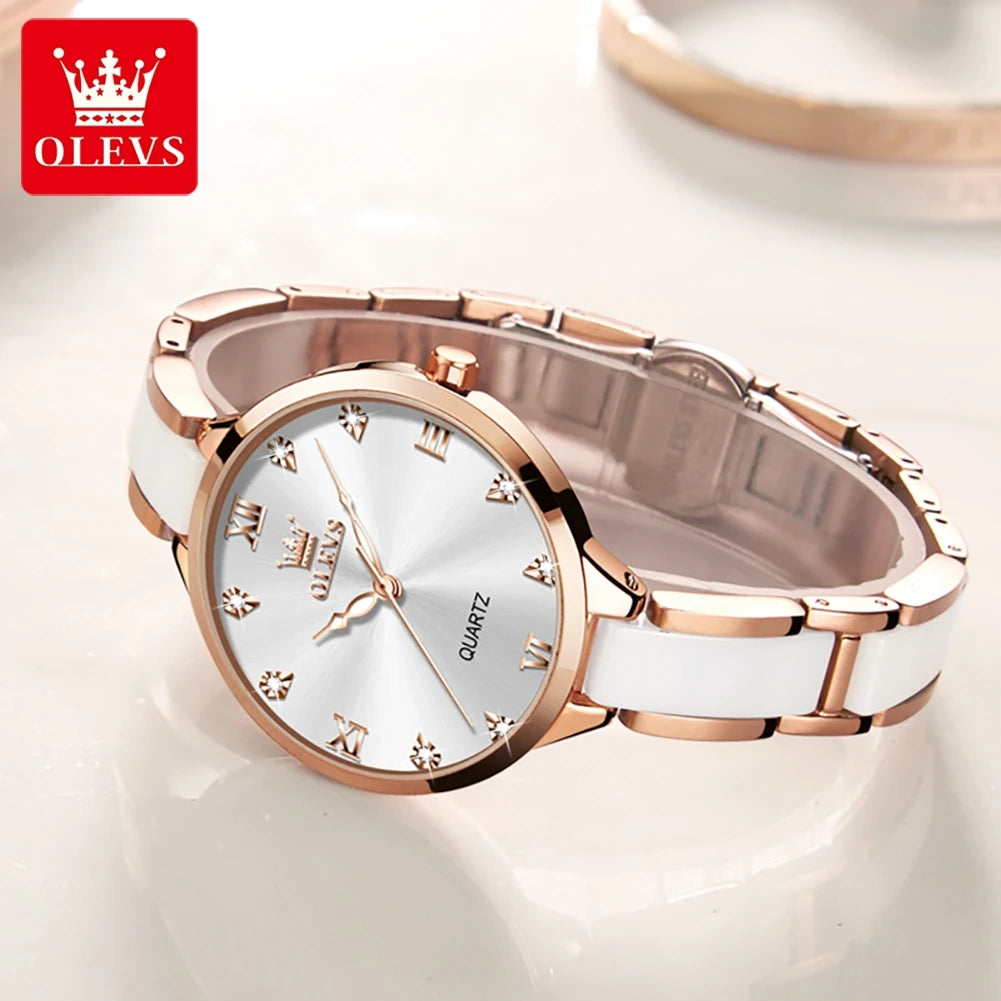 OLEVS 5872 Ceramic Watch Luxury Women Watches Quartz Ladies Watch Waterproof Rose Gold Stainless Steel Wristwatch