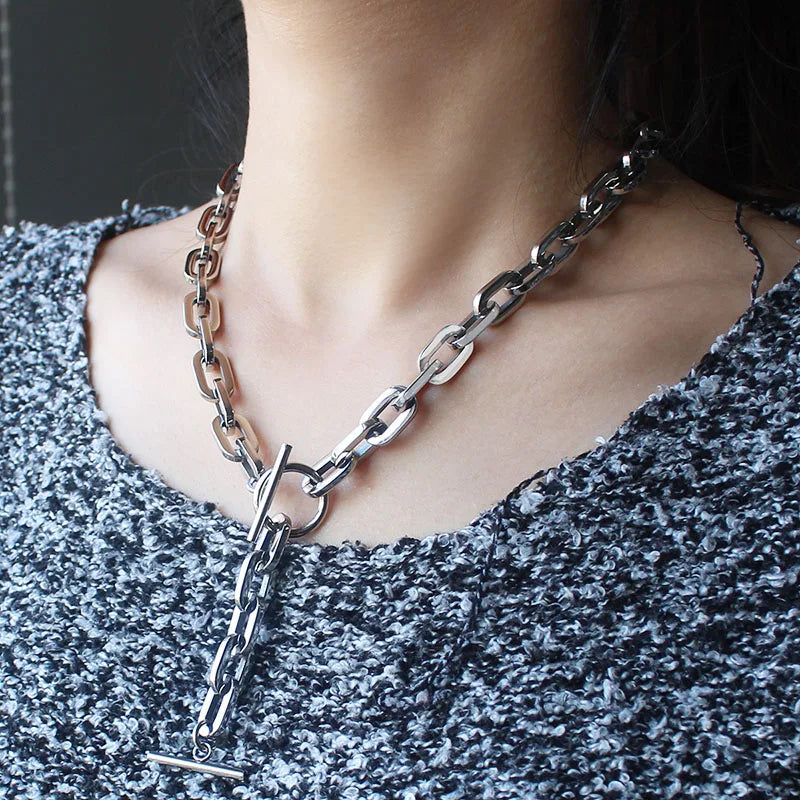 Trendy Oval Round Corner Link Chain Necklaces For Women Men Thick Choker Long Chain Tassel Pendant Charm Handmade Necklace