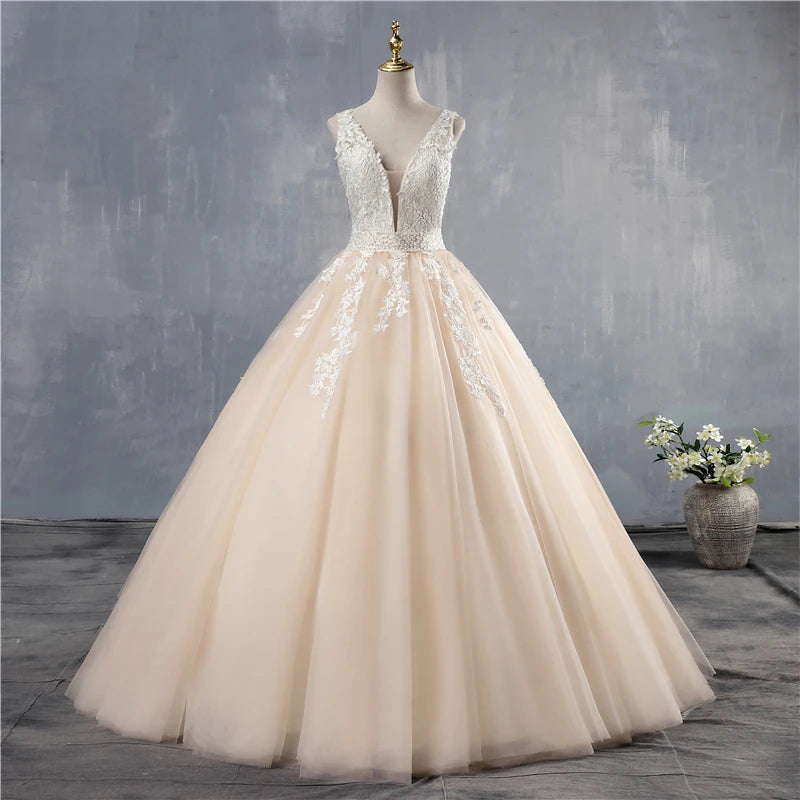 ZJ9149 Customized 2025 White Ivory Wedding Dress Custom-Made Plus Size Bridal Tulle Mariage Deep V Neck Open Back
