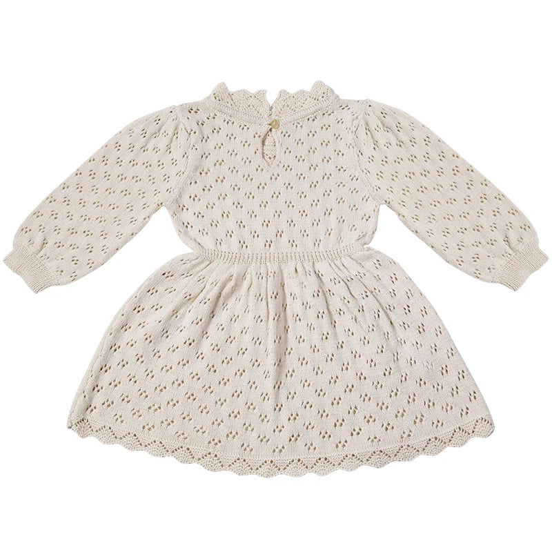 Autumn Winter Baby Girls Lovely Princess Dress Children's Hollow-out Long-Sleeved Dress Knitted Woolen Dress