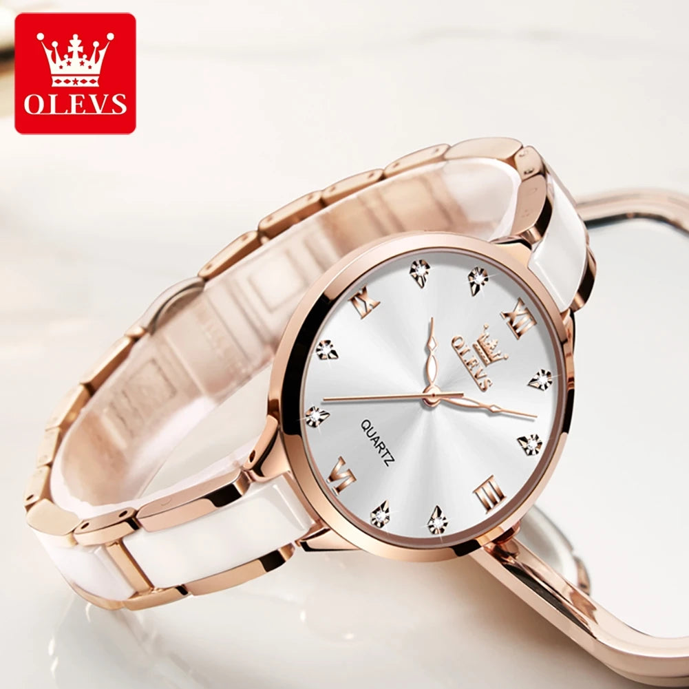 OLEVS 5872 Ceramic Watch Luxury Women Watches Quartz Ladies Watch Waterproof Rose Gold Stainless Steel Wristwatch