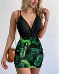 Summer Elegant Floral Slim Mini Sets Women Fashion Sexy Deep V-neck Spaghetti Strap Bodysuit and Skirt Woman Party Set Dress
