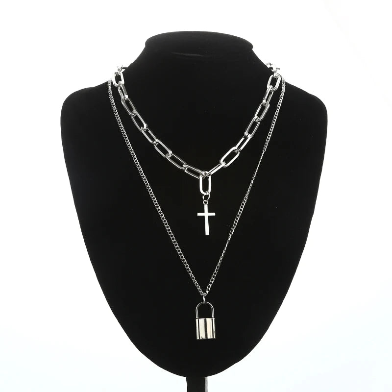 Layered Chain Necklace Cool Lock Goth Accessories Grunge Style Fairy Core Choker 2000s Aesthetic Y2k  Jewelry