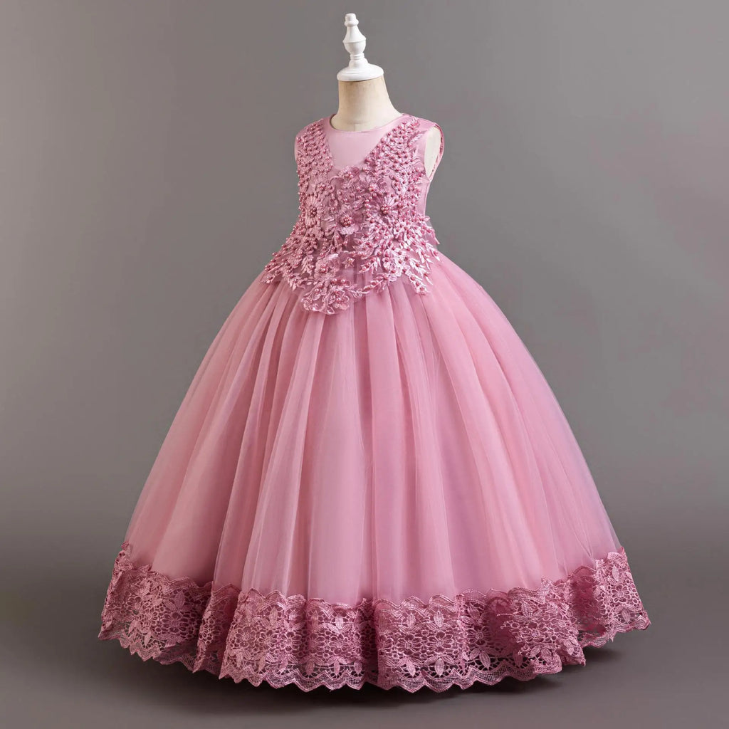 2024 New Elegant Girl Wedding Dress Embroidered Mesh Princess Dress 4-12 Year Old Girl Graduation Party Prom Evening Dress