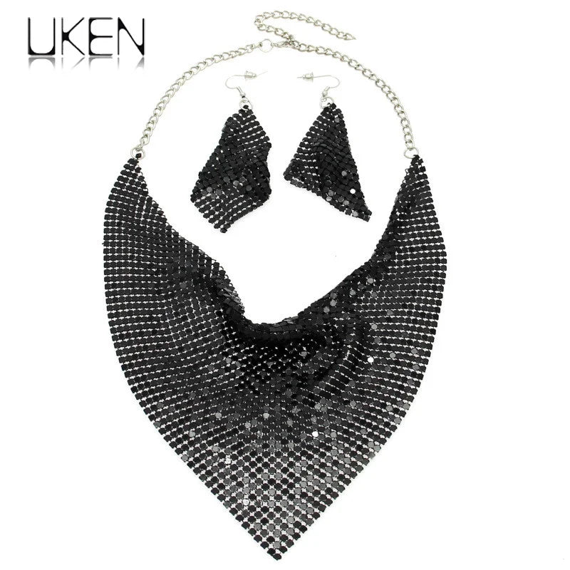 Rhinestone Chokers Set Metal Slice Maxi Necklace And Earrings Women Party Dress Accessories Fashion Jewelry Sets UKEN
