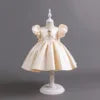 Baby Kids Girls Birthday Wedding Dress Princess Bubble Sleeve Pearl Satin Dress Pageant Baptism Cake Smash Photoshoot Gown