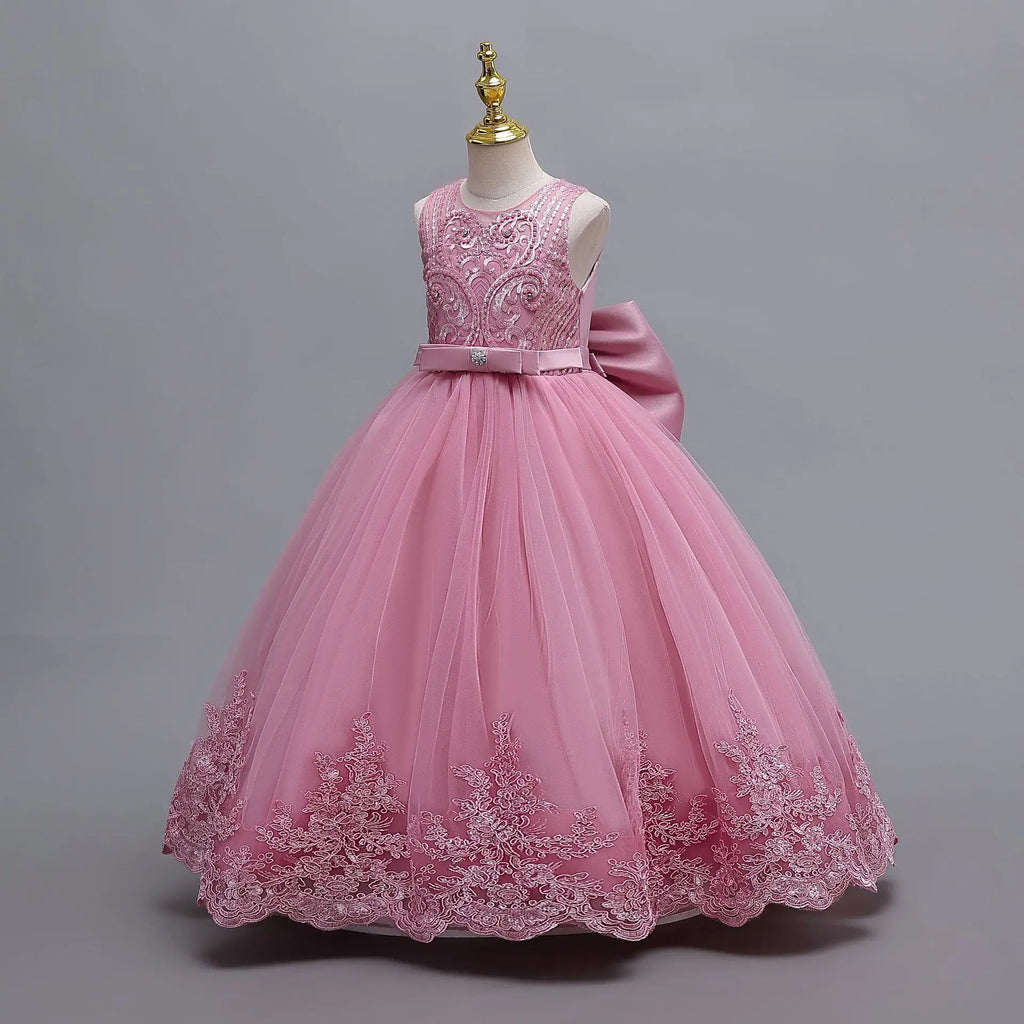 2024 New Girls' Wedding Dress Flower Banquet  Long Dress Girls' Graduation Communion Performance Party Dress with Big Bow