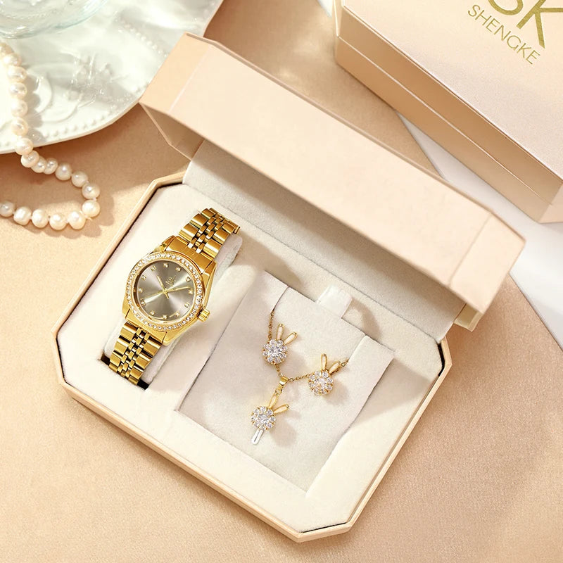 SHENGKE Women Watch Jewelry Gift Box Fashion Femme Luxury Kol Saati Ladies Watch Set Watch Set for Women Gift Set