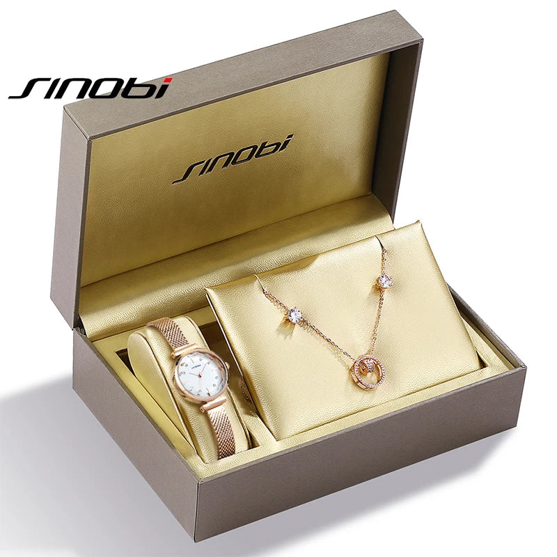 SINOBI Fashion Women Set Watch Fashion Earring Necklace Watch Jewelry 3-piece Ladies Watch