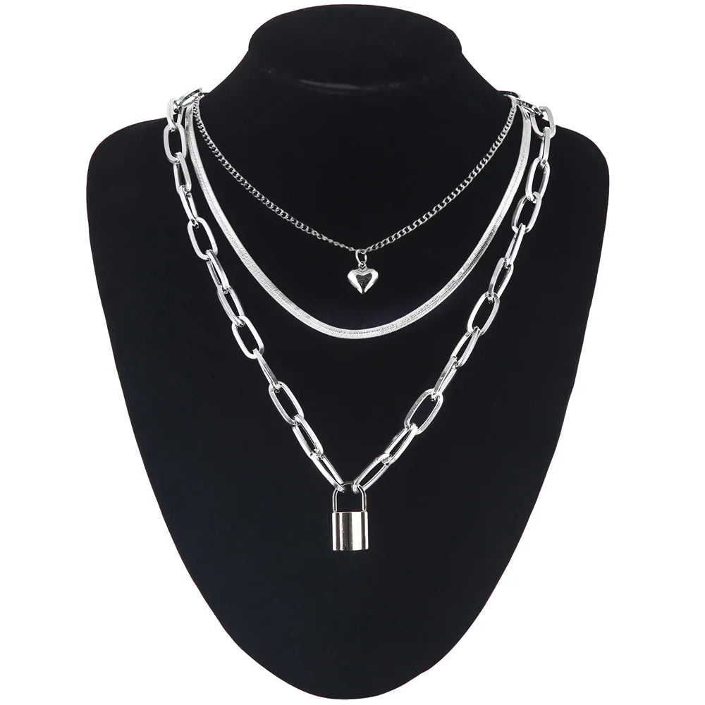 Layered Chain Necklace Cool Lock Goth Accessories Grunge Style Fairy Core Choker 2000s Aesthetic Y2k  Jewelry