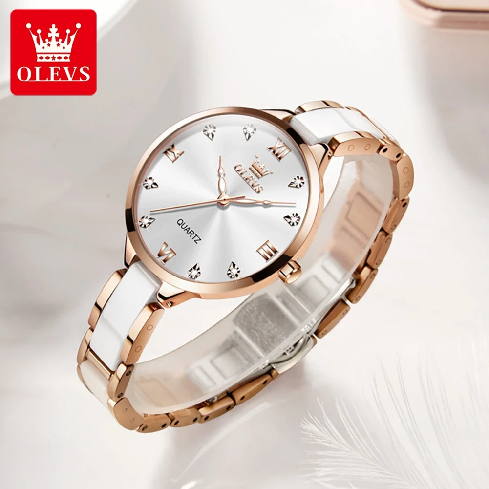 OLEVS 5872 Ceramic Watch Luxury Women Watches Quartz Ladies Watch Waterproof Rose Gold Stainless Steel Wristwatch