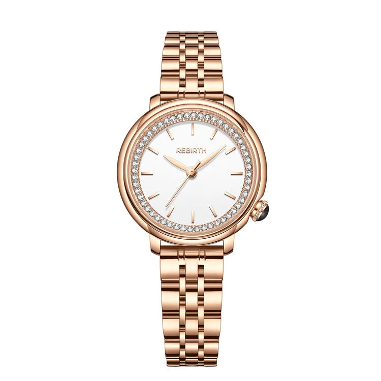 Rebirth Fashion Women Watch Top Brand Rose Gold Stain Steel Waterproof Date Quartz Ladies Watch High Quality Clock Gifts D046