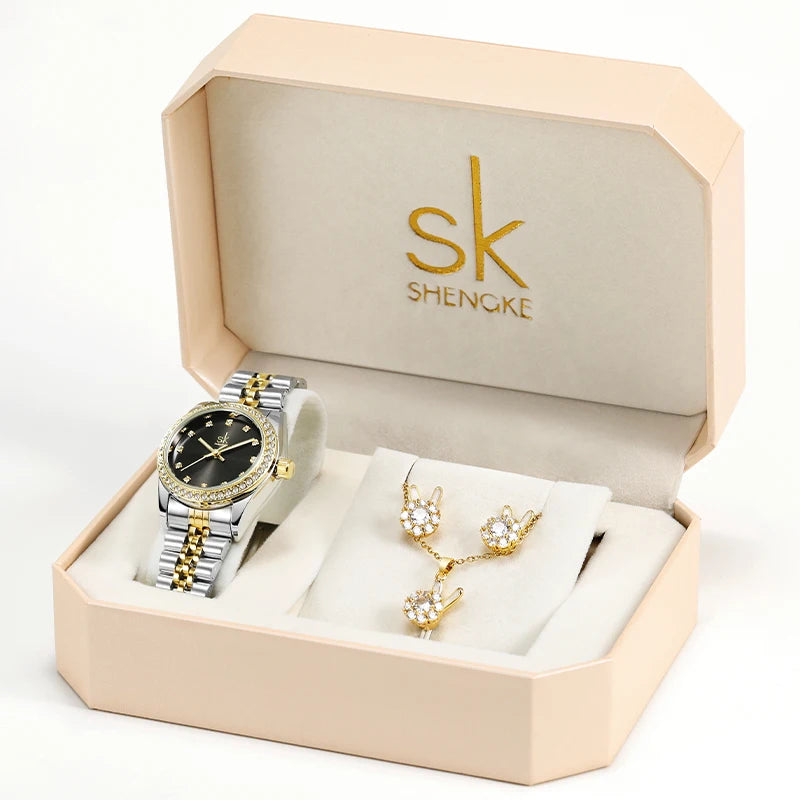SHENGKE Women Watch Jewelry Gift Box Fashion Femme Luxury Kol Saati Ladies Watch Set Watch Set for Women Gift Set