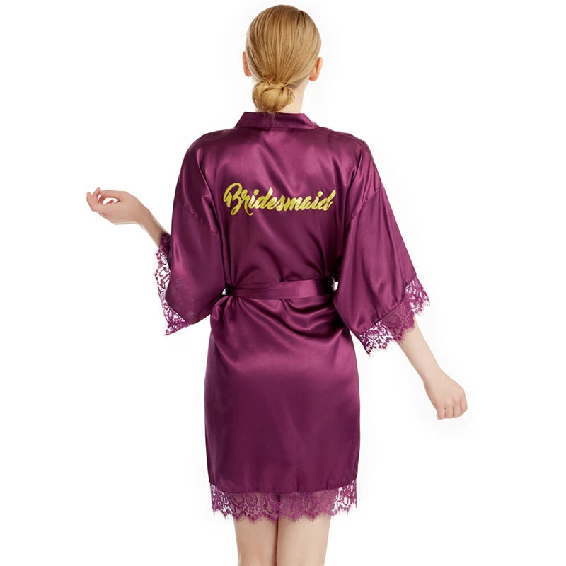 Retail Bridesmaid Gold Glitter Lace Women Satin Kimono Robes Lace Wedding Party Bathrobes Dressing Gown T98
