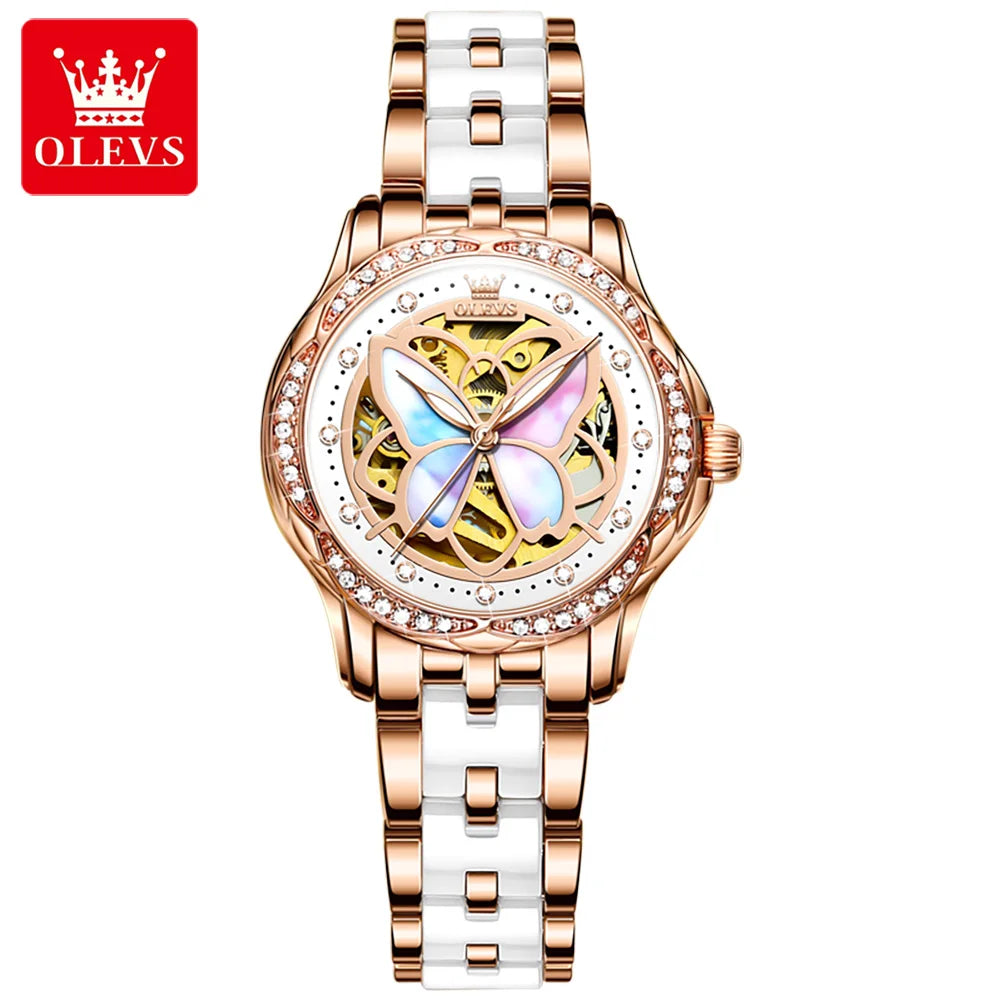 OLEVS  6615 Mechanical for Women Ceramic Blue Strap Original Wristwatch Skeleton Automatic Diamond Elegant Ladies Watch