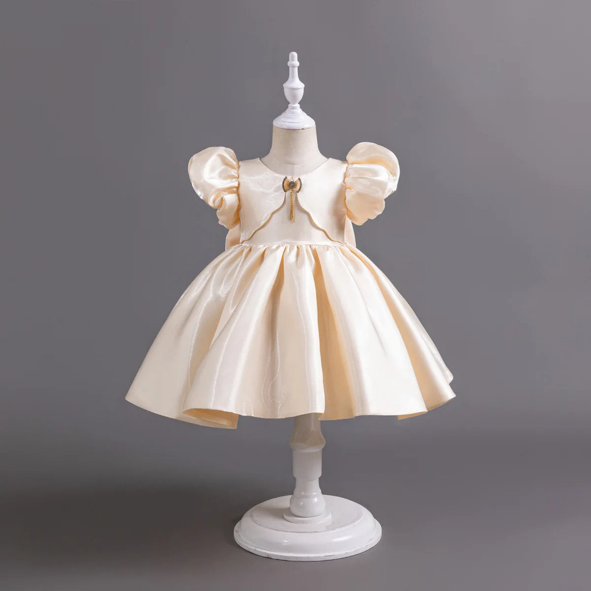 Baby Kids Girls Birthday Wedding Dress Princess Bubble Sleeve Pearl Satin Dress Pageant Baptism Cake Smash Photoshoot Gown