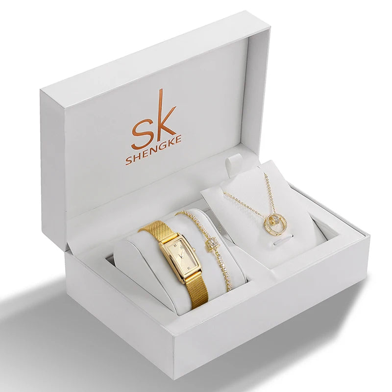 2023 New Shengke Creative Ladies Watch Quartz Luxury  Earrings Necklace SK Watch Women Jewelry Set Gift Fashion Reloj Mujer