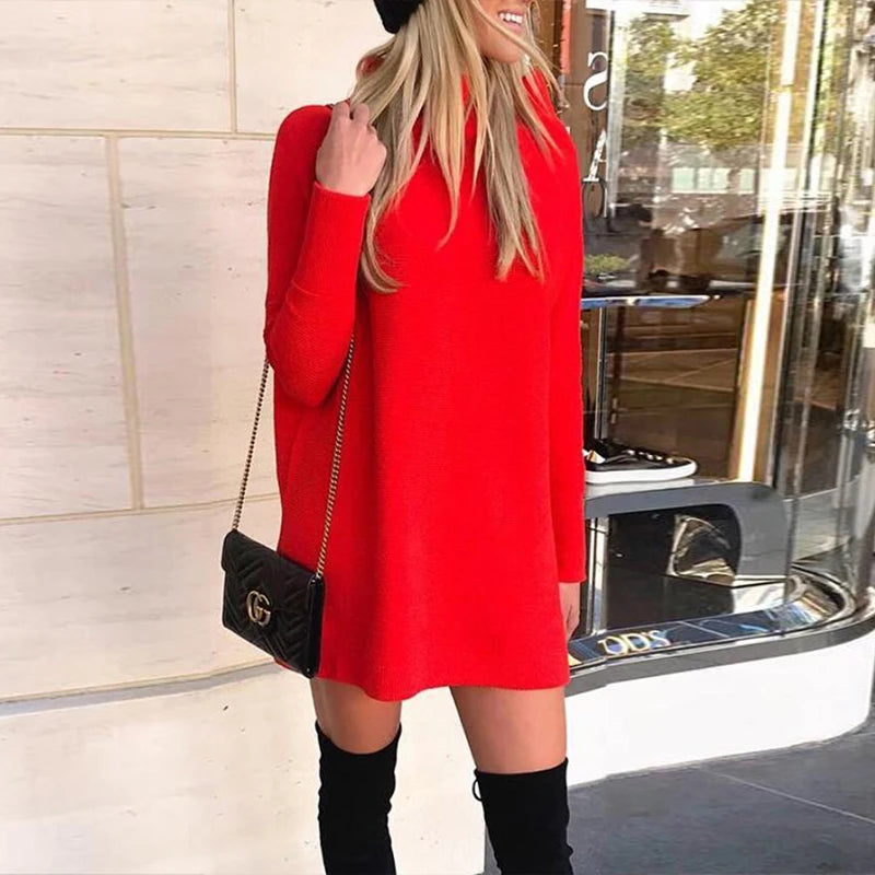 Customizable Turtleneck Loose Winter Dress Women Autumn Long Sleeve Solid Casual Sexy Mini Dress Female T Shirt Dress