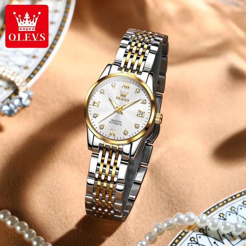 OLEVS 6673 Diamond Dial Mechanical Watch for Women Simple Fashion Classic Calendar Women's Automatic Watch Ladies Watch