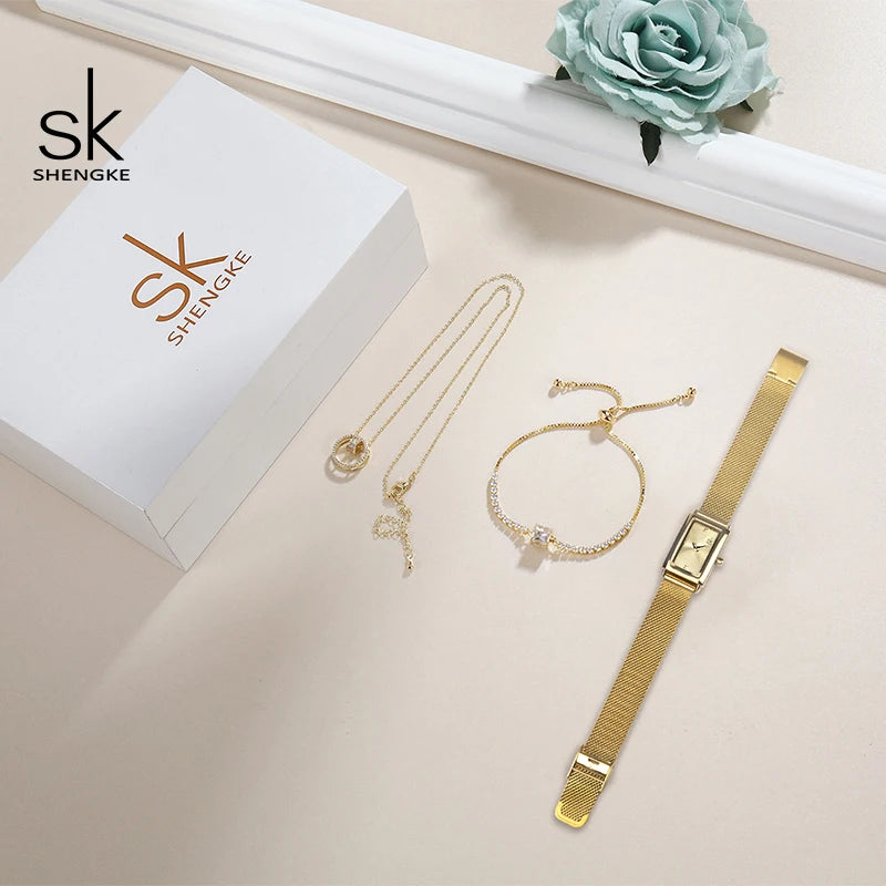 2023 New Shengke Creative Ladies Watch Quartz Luxury  Earrings Necklace SK Watch Women Jewelry Set Gift Fashion Reloj Mujer