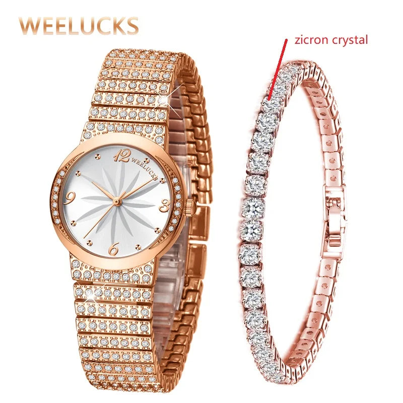 WEELUCKS High Quality Ladies Quartz Watch Bracelet Set Diamond Waterproof Casual Sports Business Ladies Watch Set