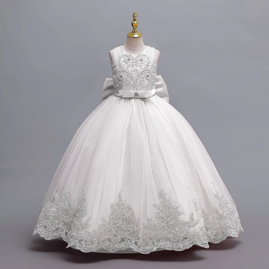 2024 New Girls' Wedding Dress Flower Banquet  Long Dress Girls' Graduation Communion Performance Party Dress with Big Bow