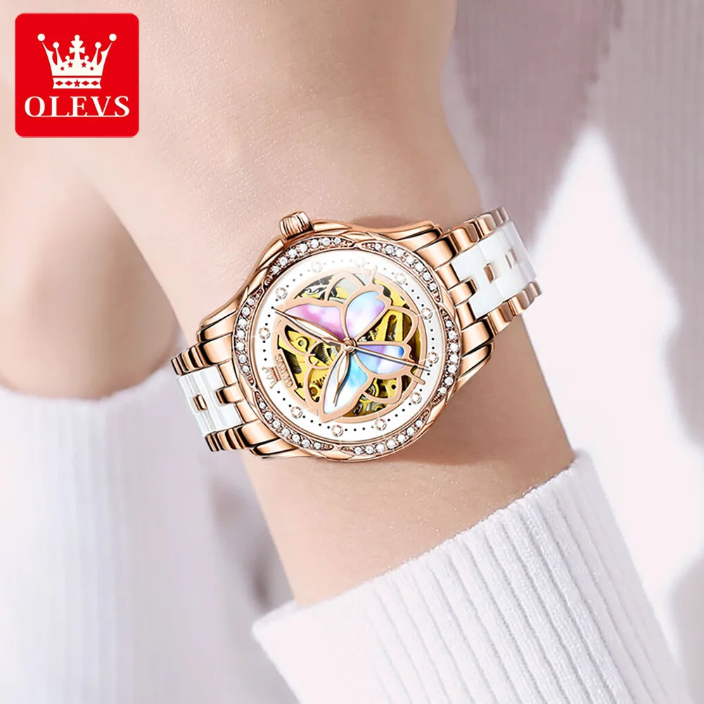 OLEVS  6615 Mechanical for Women Ceramic Blue Strap Original Wristwatch Skeleton Automatic Diamond Elegant Ladies Watch