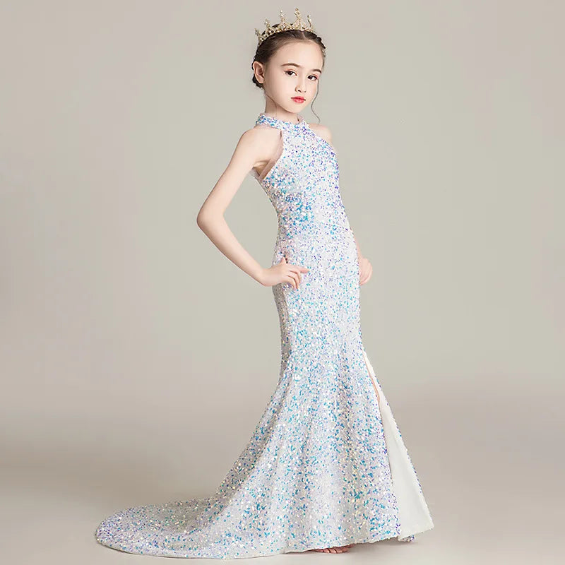 Evening Dress for Girls Kids Elegant Gowns Teen Birthday Party Dresses Children Mermaid Frocks Sexy Sequins Stitching Vestidos