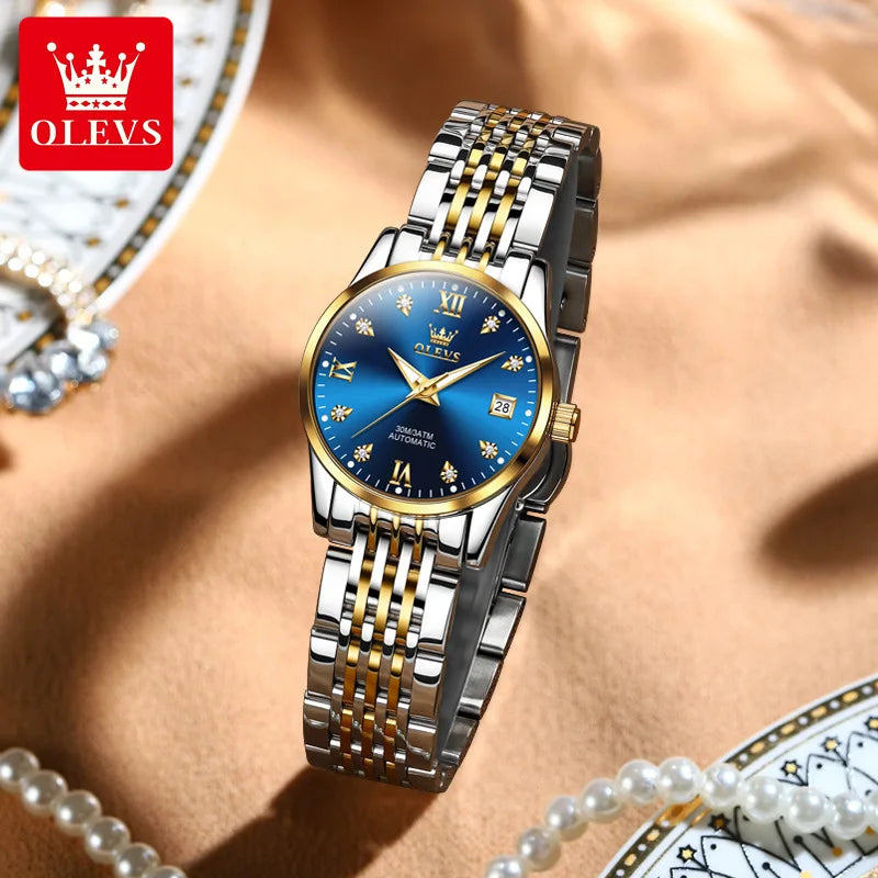 OLEVS 6673 Diamond Dial Mechanical Watch for Women Simple Fashion Classic Calendar Women's Automatic Watch Ladies Watch