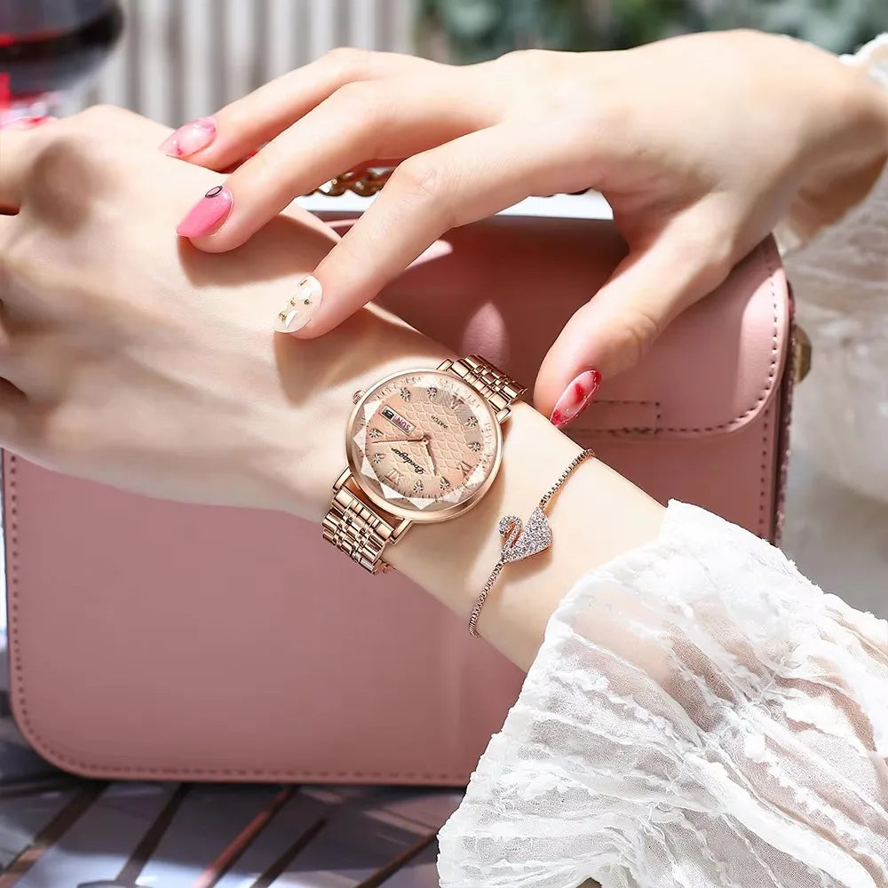 POEDAGAR 3011 Simple Rose Gold Waterproof Luminous Ladies Watch Women Fashion Luxury Stainless Steel Wristwatch Bracelet Watches