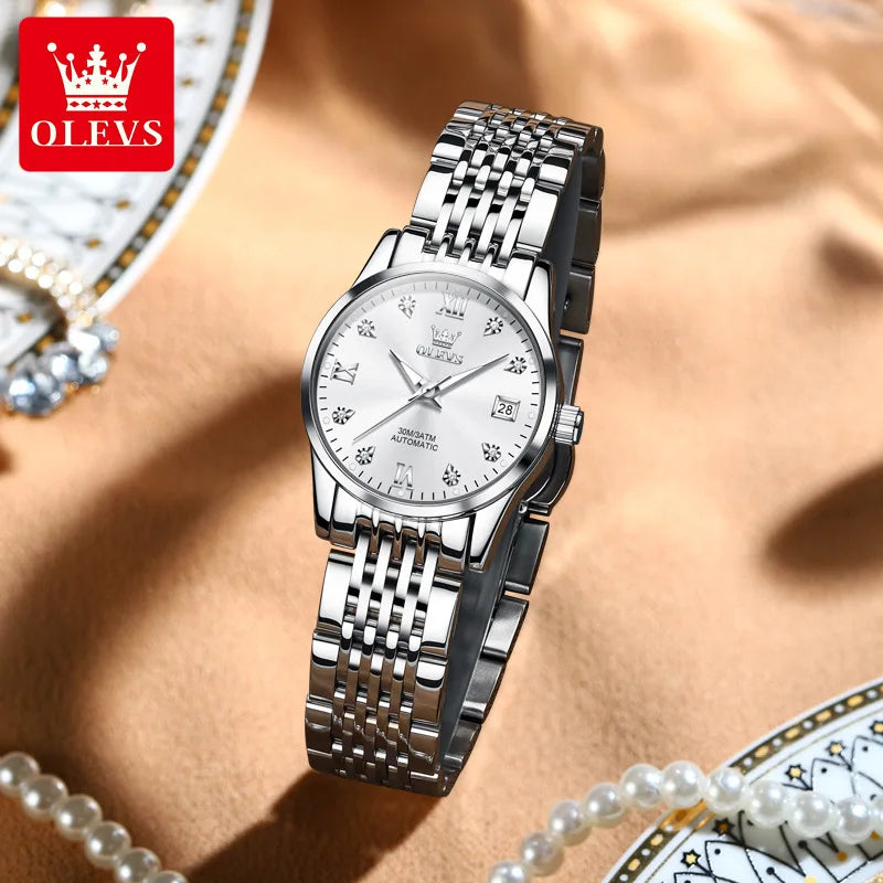 OLEVS 6673 Diamond Dial Mechanical Watch for Women Simple Fashion Classic Calendar Women's Automatic Watch Ladies Watch