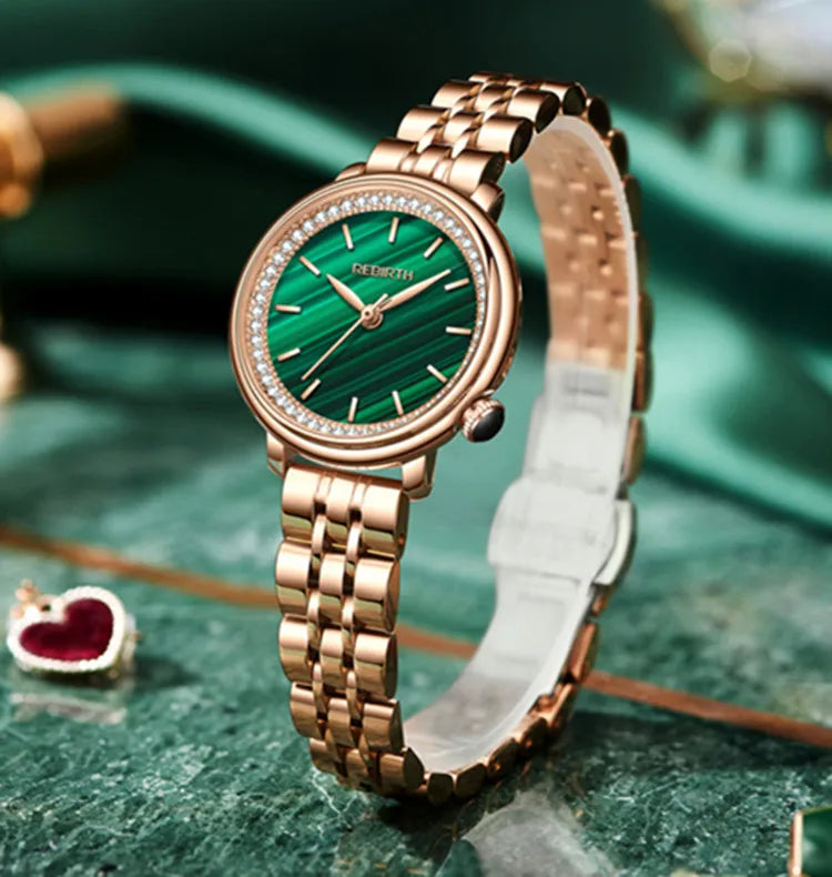 Rebirth Fashion Women Watch Top Brand Rose Gold Stain Steel Waterproof Date Quartz Ladies Watch High Quality Clock Gifts D046
