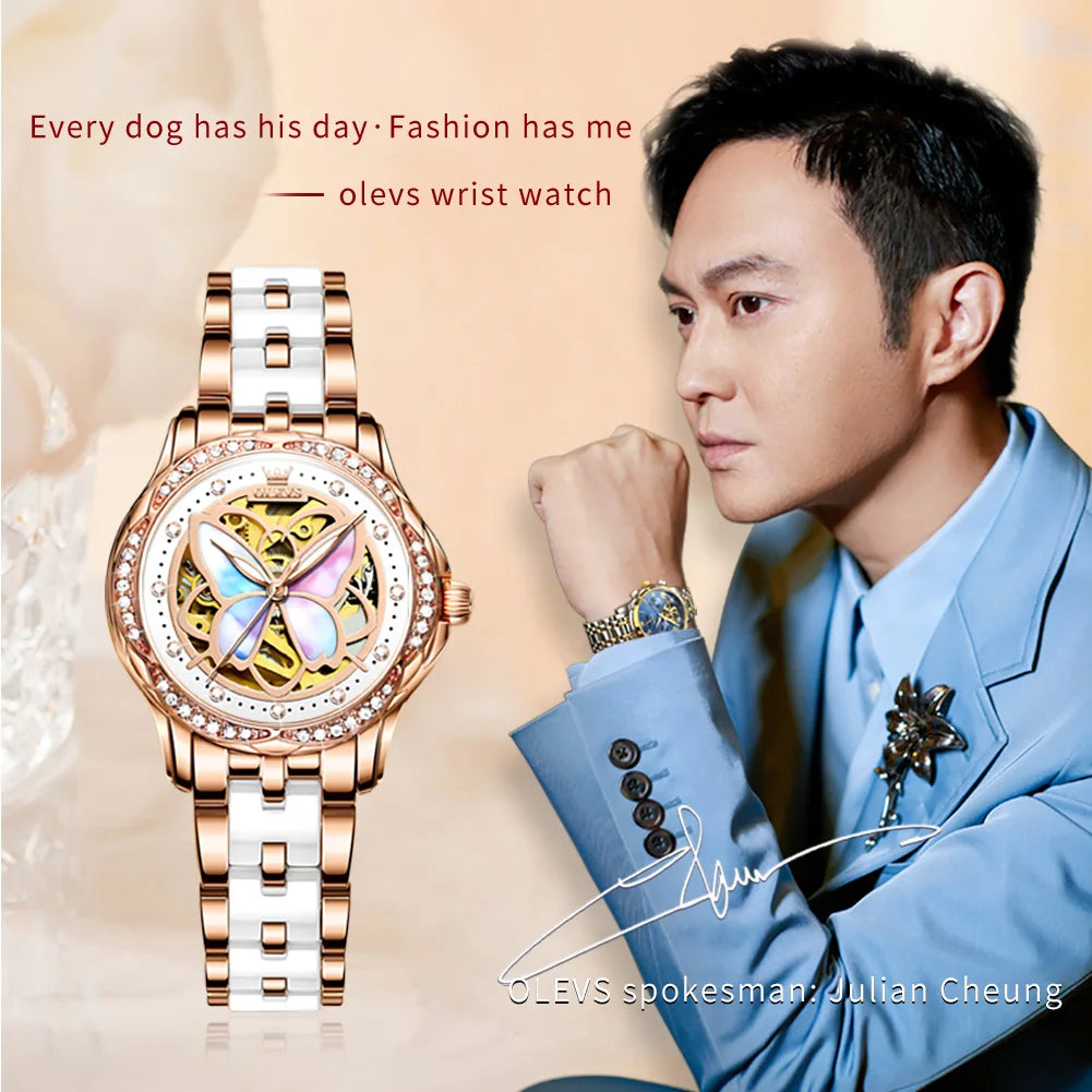 OLEVS  6615 Mechanical for Women Ceramic Blue Strap Original Wristwatch Skeleton Automatic Diamond Elegant Ladies Watch