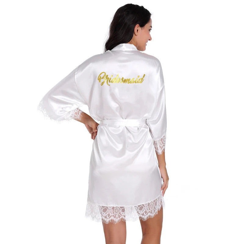 Retail Bridesmaid Gold Glitter Lace Women Satin Kimono Robes Lace Wedding Party Bathrobes Dressing Gown T98