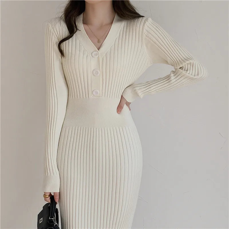 Knitted Long Sleeve Dress Women 2021 Slim Bodycon Autumn Korean Elegant Fall Winter Button V Neck Sweater Midi Ribbed Dress C216