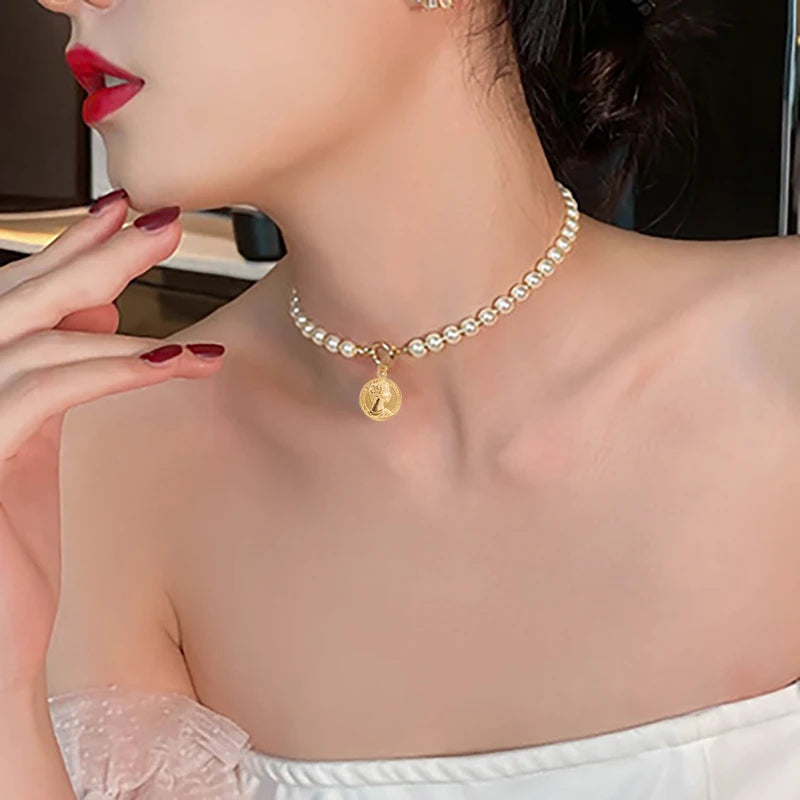 Vienkim Layered Pearl Choker Colar Thick Chains with Pendant Necklace for Women Fashion Choker Necklace on Neck 2021 Jewelry