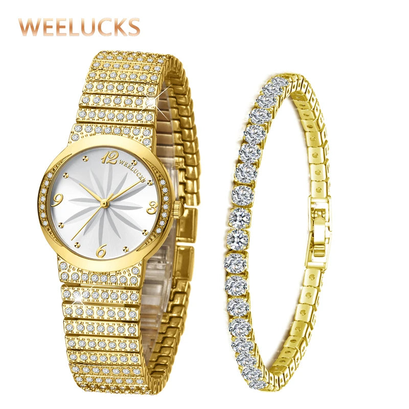 WEELUCKS High Quality Ladies Quartz Watch Bracelet Set Diamond Waterproof Casual Sports Business Ladies Watch Set