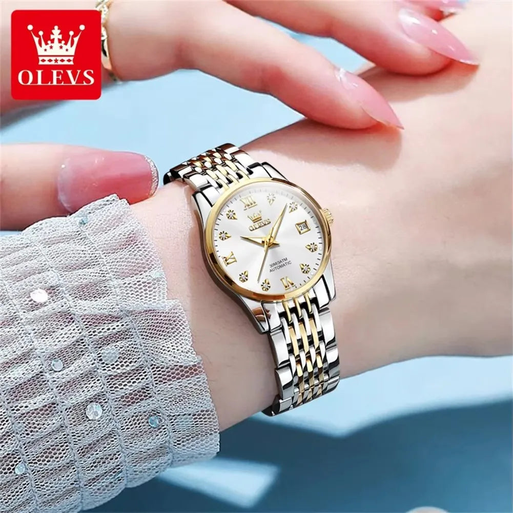 OLEVS 6673 Diamond Dial Mechanical Watch for Women Simple Fashion Classic Calendar Women's Automatic Watch Ladies Watch