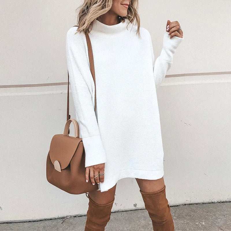 Customizable Turtleneck Loose Winter Dress Women Autumn Long Sleeve Solid Casual Sexy Mini Dress Female T Shirt Dress