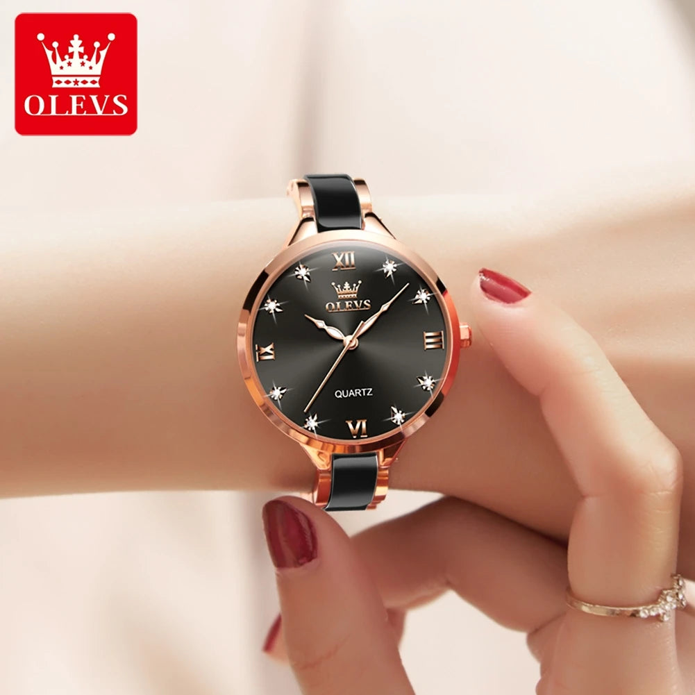 OLEVS 5872 Ceramic Watch Luxury Women Watches Quartz Ladies Watch Waterproof Rose Gold Stainless Steel Wristwatch