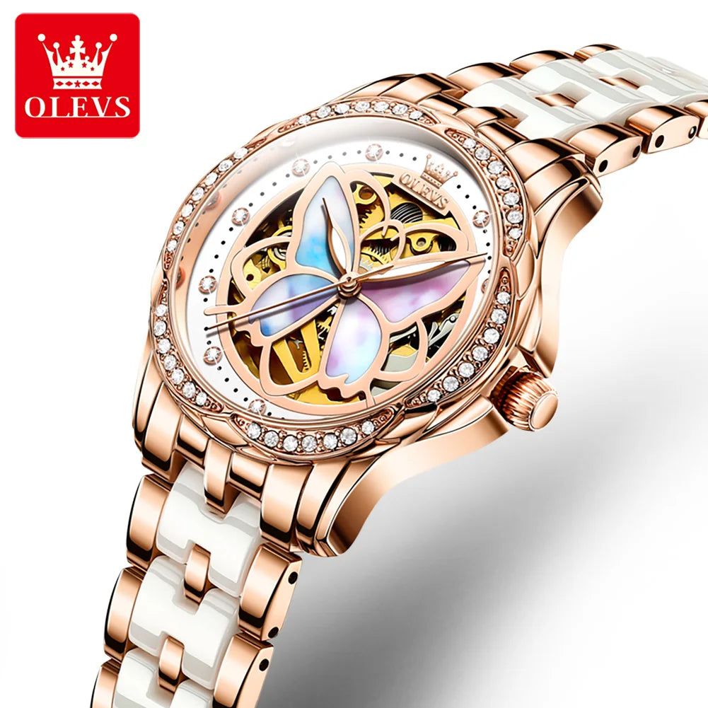 OLEVS  6615 Mechanical for Women Ceramic Blue Strap Original Wristwatch Skeleton Automatic Diamond Elegant Ladies Watch